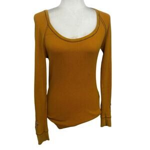 Free People We The Free Mustard Thermal Top Lace Elbow Patch Long Sleeve Small